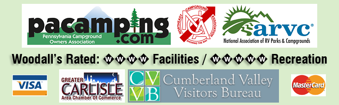 Member PCOA, NCA, National ARVC, Greater Carlisle Chamber of Commerce, Cumberland Valley Visitors Bureau. Woodall's Rated: 5W Facilities / 5W Recreation. Visa and MasterCard accepted.