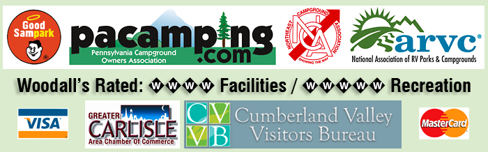 Member Good Sam Parks, PCOA, NCA, National ARVC, Greater Carlisle Chamber of Commerce, Cumberland Valley Visitors Bureau. Woodall's Rated: 4W Facilities / 5W Recreation. Visa and MasterCard accepted.
