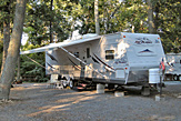 Exterior of the Dogwood Acres rental trailer.
