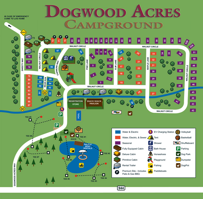 Dogwood Acres Campground Site Map. You may click on this image to download and print a higher resolution PDF version.