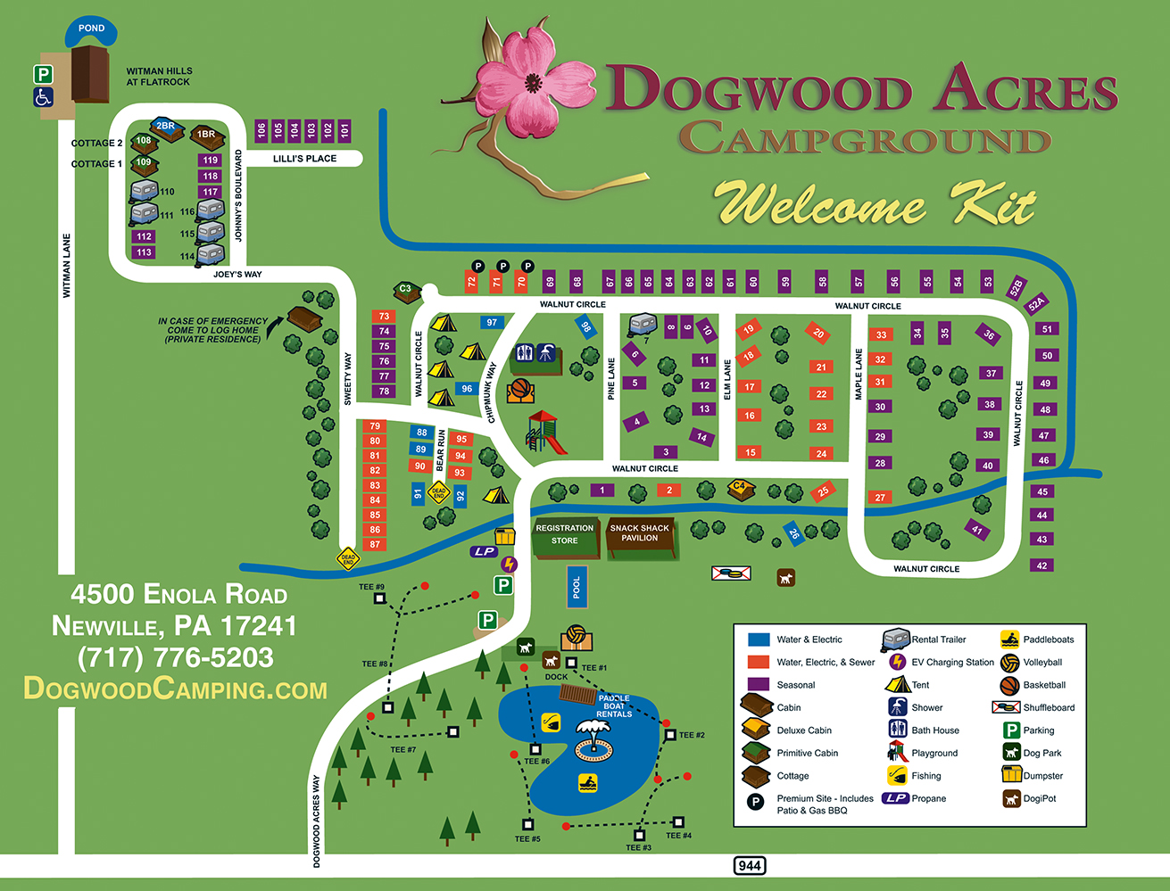 Dogwood Acres Campground Site Map. You may click on this image to download and print a higher resolution PDF version.