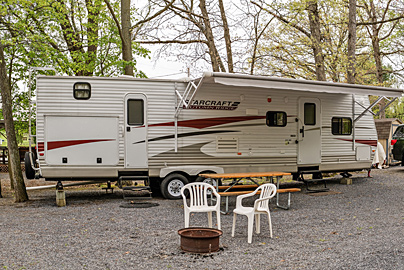 Starcraft Rental Trailer on Site 1 at Dogwood Acres Campground, Exterior